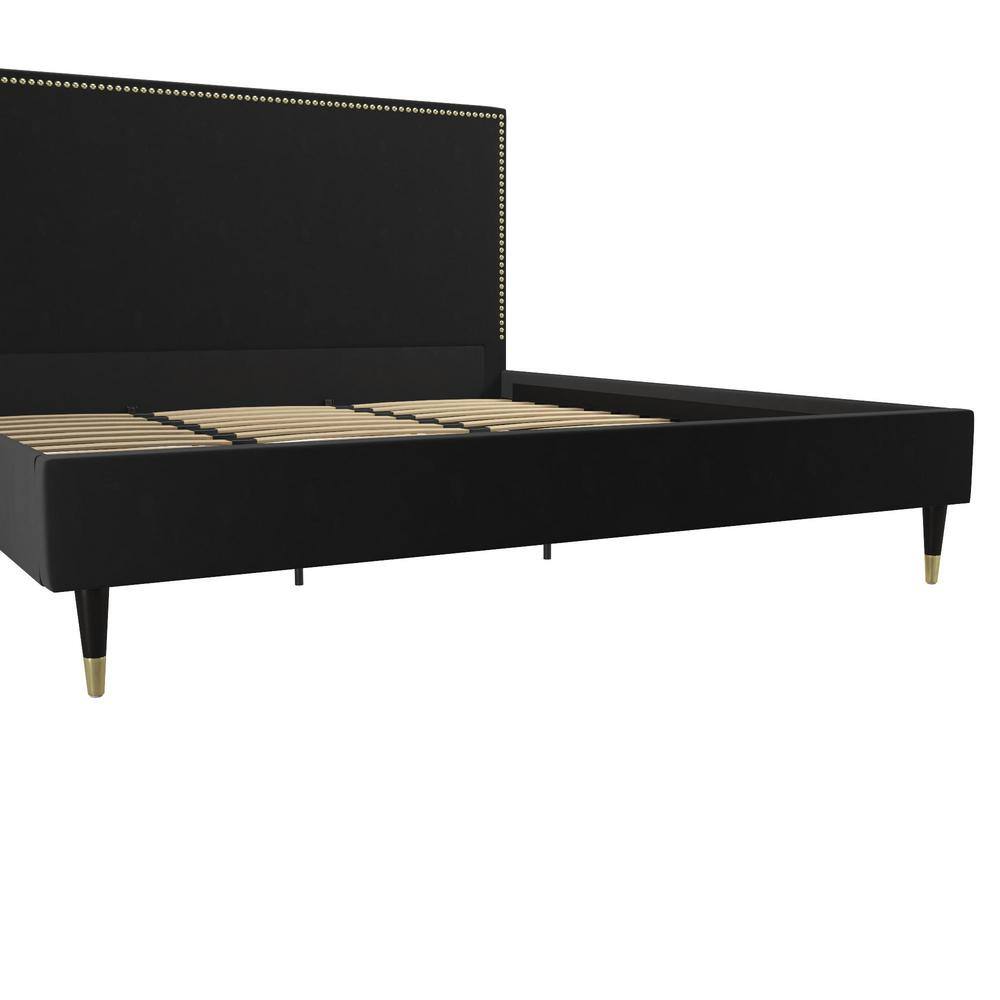 Audrey King Black Velvet Upholstered Platform Bed with Nailhead Trim