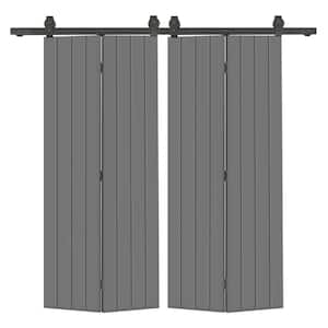 40 in. x 80 in. Hollow Core Light Gray Painted MDF Composite Modern Bi-Fold Double Barn Door with Sliding Hardware Kit