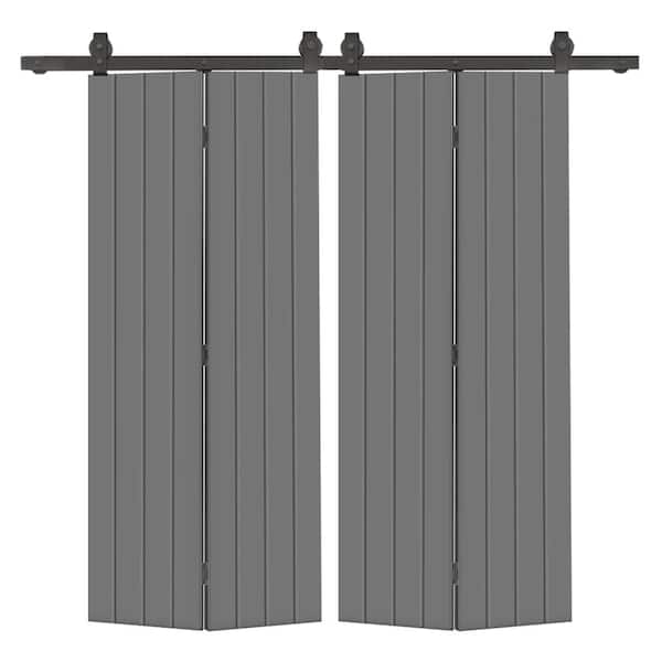 CALHOME 60 in. x 80 in. Hollow Core Light Gray Painted MDF Composite Modern Bi-Fold Double Barn Door with Sliding Hardware Kit