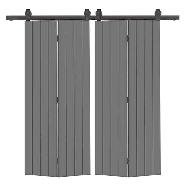 CALHOME 52 in. x 84 in. Light Gray Painted MDF Modern Bi-Fold Double Barn Door with Sliding Hardware Kit