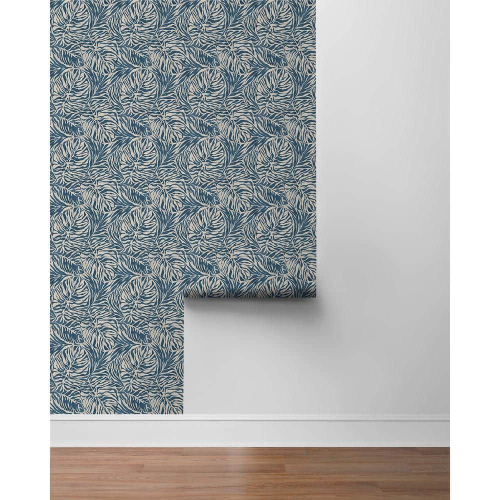 Indigo Blue Tropical Zebra Leaf Peel and Stick Wallpaper Roll