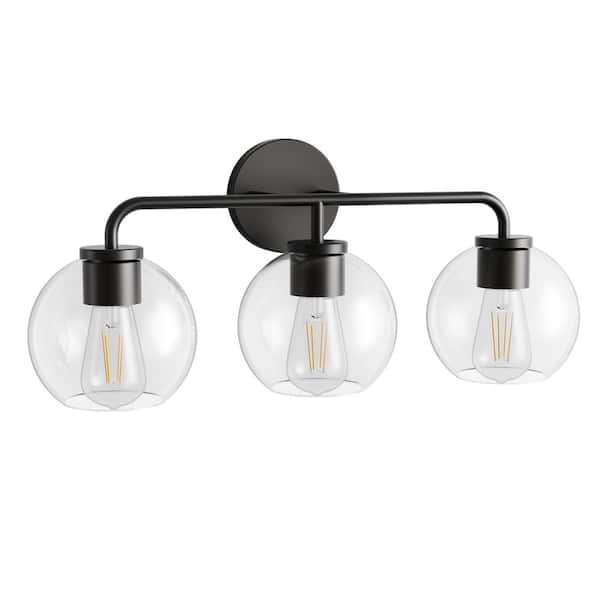 3-Light Black and Chrome Bathroom Mirror Light with Round Wall Plate and Metal Gooseneck, E26 Base