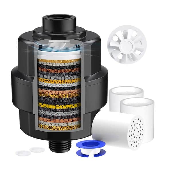 Lukvuzo 20-Stage Shower Head Filter for Hard Water High Output Water Softener with 3 Replaceable Filter Cartridges in Black