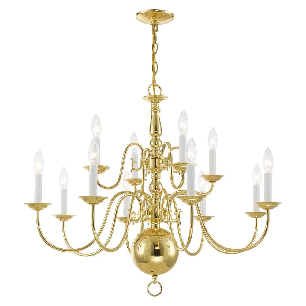 Elegant Colonial 12-Light Polished Brass Chandelier with Candelabra Base