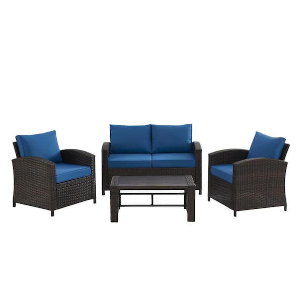 4-Piece Wicker Patio Conversation Set with Blue Cushions