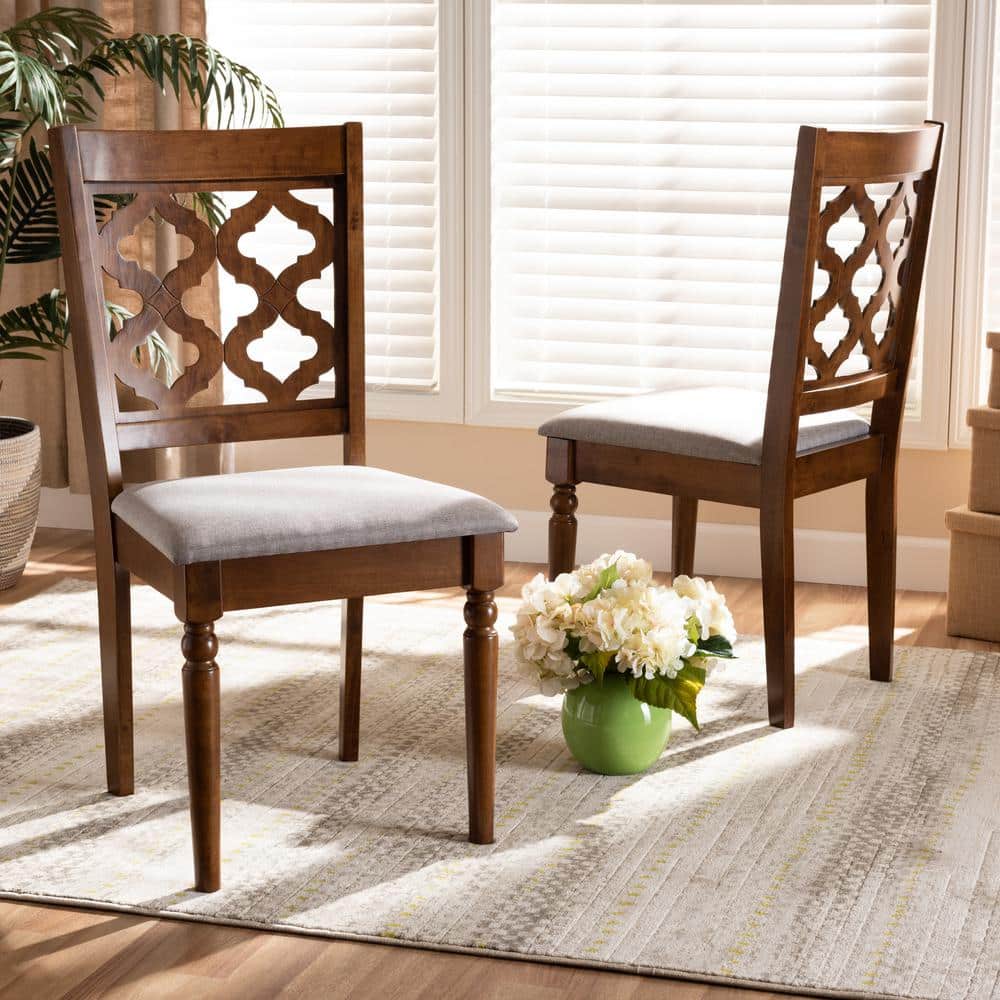 Contemporary Grey Fabric and Walnut Wood Dining Chair Set