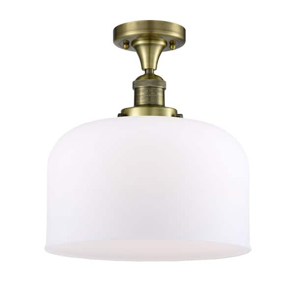 Bell 12 in. 1-Light Antique Brass Industrial Semi-Flush Mount with Frosted Glass Shade