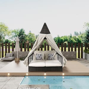 Double rattan outdoor lounge bed for garden terrace beach with beige cushions beige