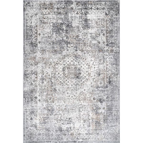 nuLOOM Lola Distressed Medallion Beige 6 ft. 7 in. x 9 ft. Indoor Area Rug