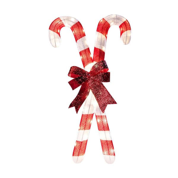 Christmas Candy Canes Tinsel Yard Light Decorations 50 Pre-Lit LED Warm White Lights with Metal Stakes