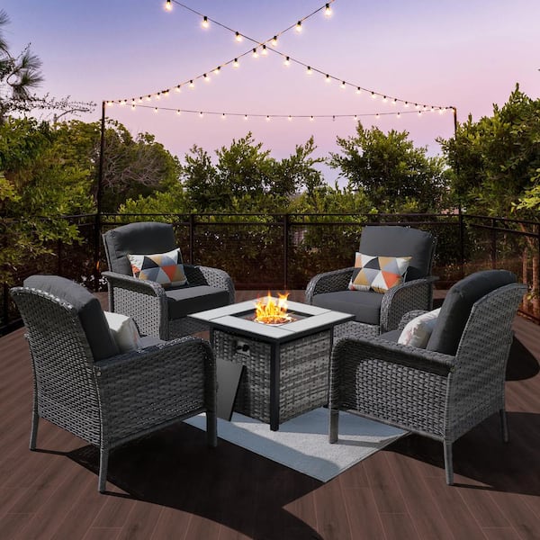 weaxty W Hyacinth Gray 5-Piece Wicker Patio Outdoor Conversation Seating Set with a Square Fire Pit and Black Cushions