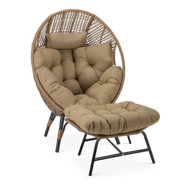 PE Wicker Indoor/Outdoor Lounge Egg Chair with Brown Cushion and Ottoman for Patio Porch Balcony