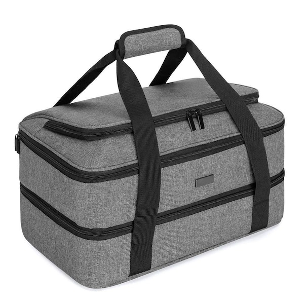 Grey Insulated Carrier Set Thermal Tote Bag Dual Compartment for Hot or Cold Food, Fits 9x13 Baking Dish
