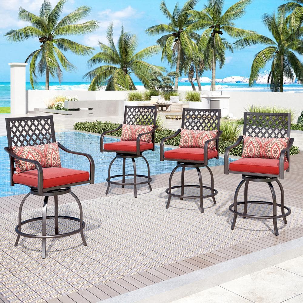 PHI VILLA Swivel Metal Outdoor Bar Stool with Red Cushion (4-Pack