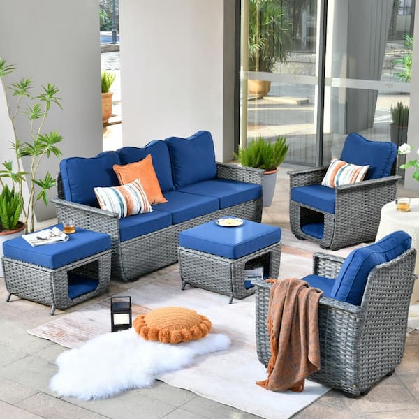 HOOOWOOO Echo Black 5-Piece Wicker Multi-Function Pet Friendly Outdoor Patio Conversation Sofa Set with Navy Blue Cushions