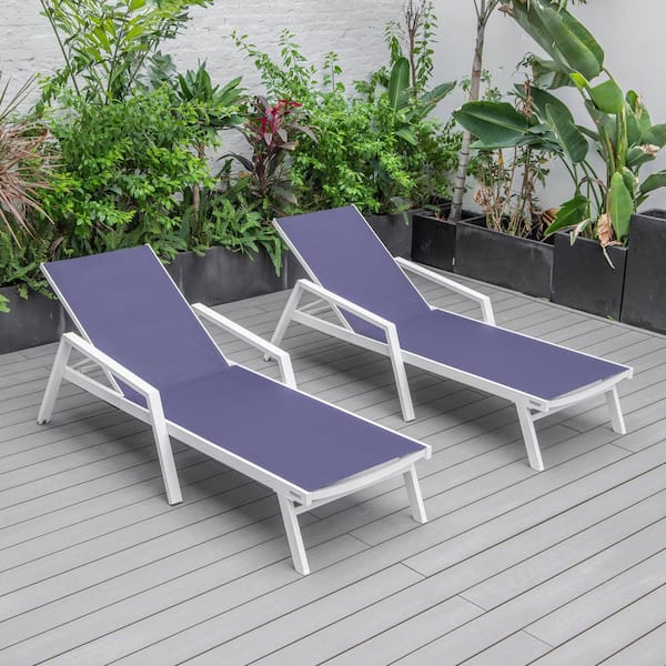 Leisuremod White Powder Coated Aluminum Frame Marlin Modern Patio Chaise Lounge Arm Chair with Navy Blue (Set of 2)