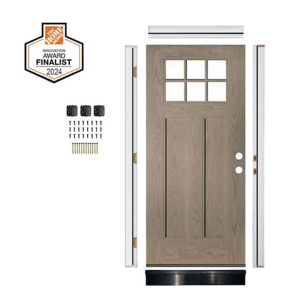 DIY 36in.x79in. Craftsman 6-Lite Clear Glass Left-Hand Leather Stain Fiberglass Front Door Kit w/ Quick Assemble Jamb