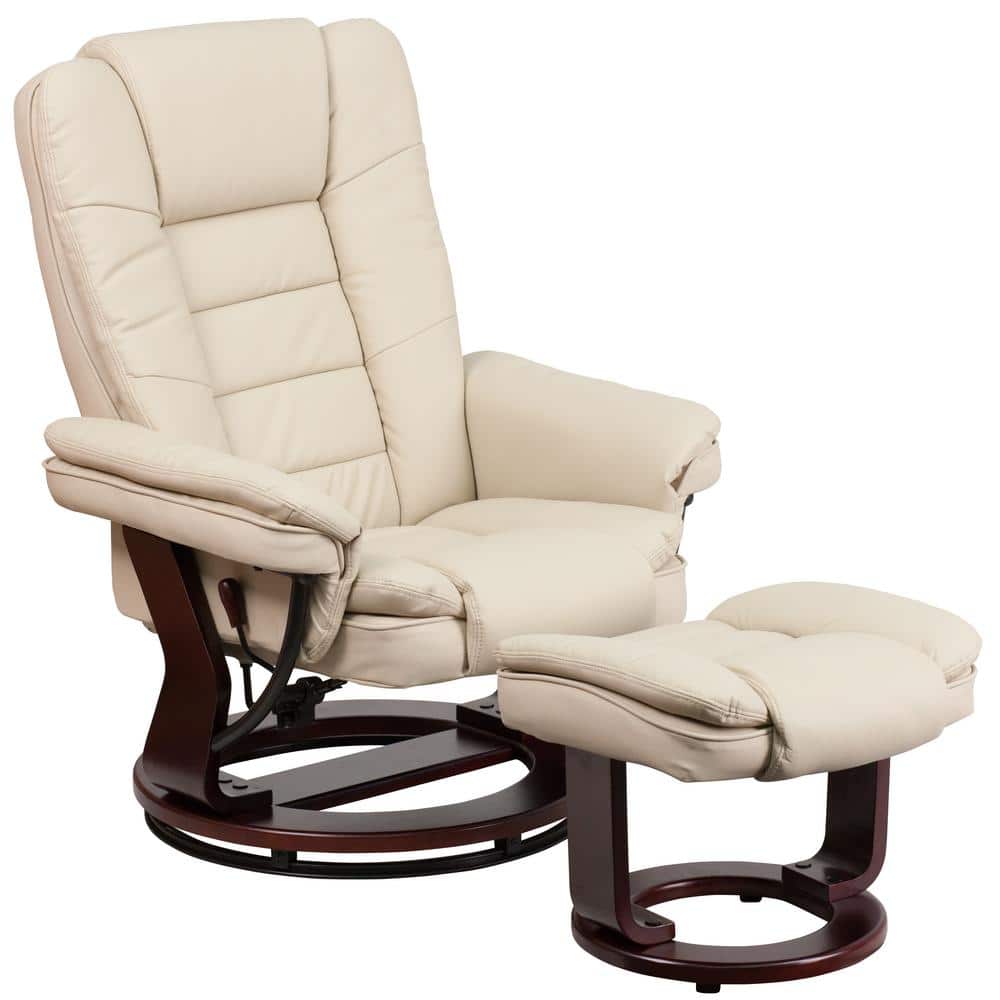 Beige Leather Swivel Recliner with Ottoman and Mahogany Wood Base