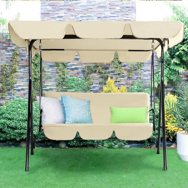 3-Seat Porch Swing Chair, Outdoor Patio Swing Chair With Adjustable Canopy For Adults, Porch Swing With Weather Resistant Steel Frame For Backyard