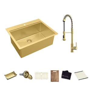30 in. Drop-In Single Bowl 18-Gauge Gold Stainless Steel Workstation Kitchen Sink with Spring Neck Faucet