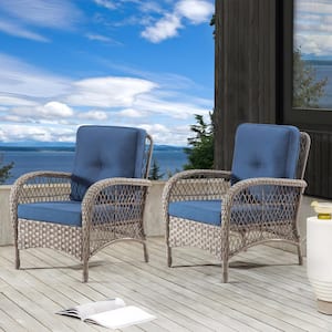 Wicker Patio Lounge Chair with Blue Cushions (2-Pack)