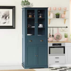 Teal Blue Wood 30 in. W Kitchen Pantry Cabinet Storage with Adjustable Shelves and Glass Doors