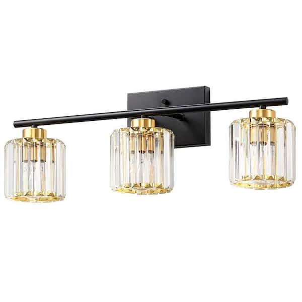 24 in. 3-Light Black Bathroom Dimmable Vanity Light with round crystal glass shades