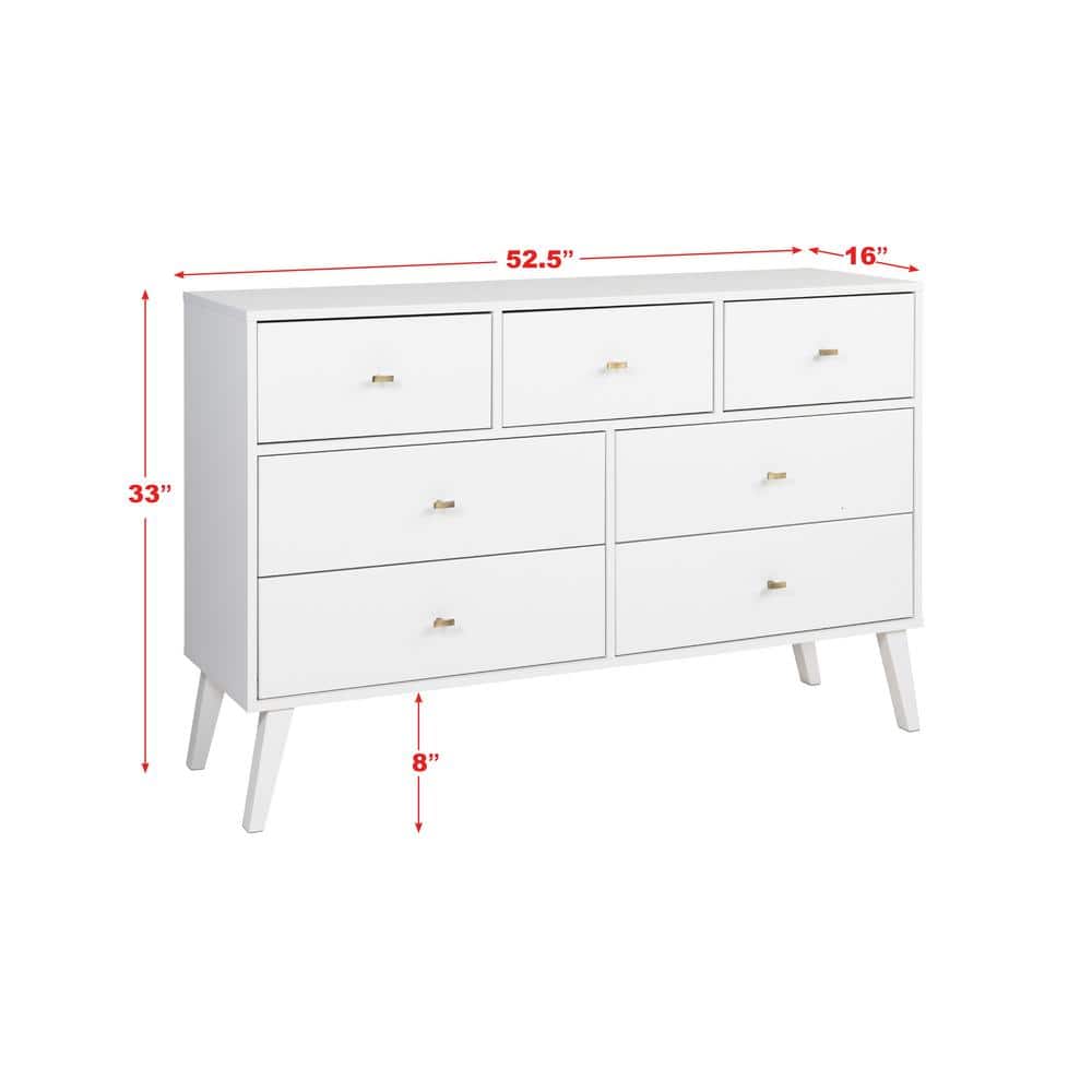 White Mid-Century Modern Double Dresser with Brass Knobs