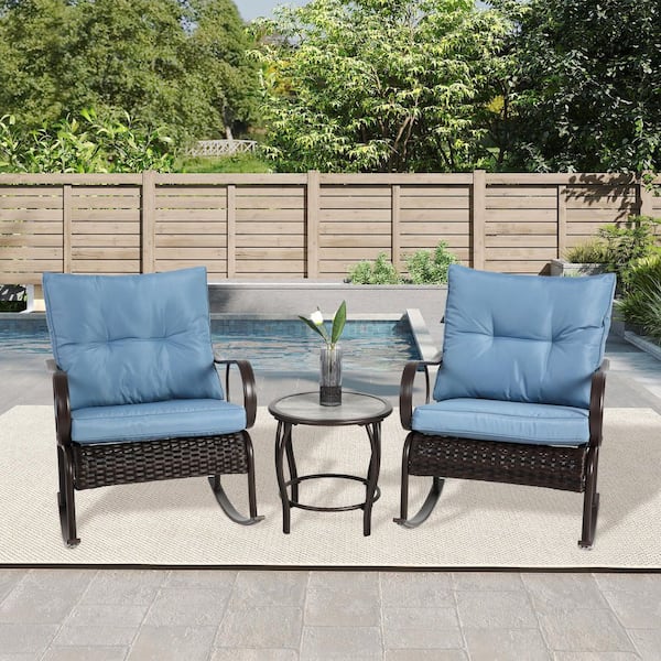 3-Piece Steel Wicker Outdoor Bistro Set 2 Rocking Chairs with Blue Cushions and Side Table