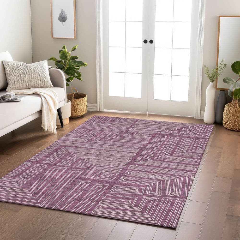 Eggplant Geometric Synthetic Flat Woven Washable Rug, 3' x 5'