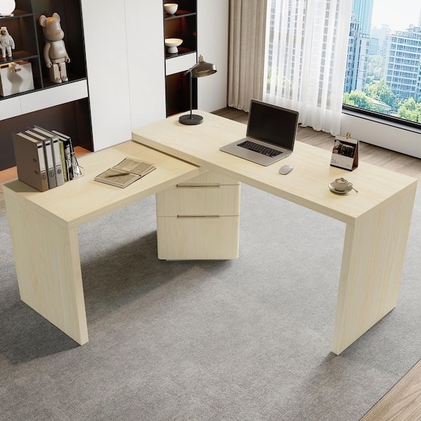 Polibi 90 in. L-Shaped Natural color MDF Wood 360° Wood Rotating