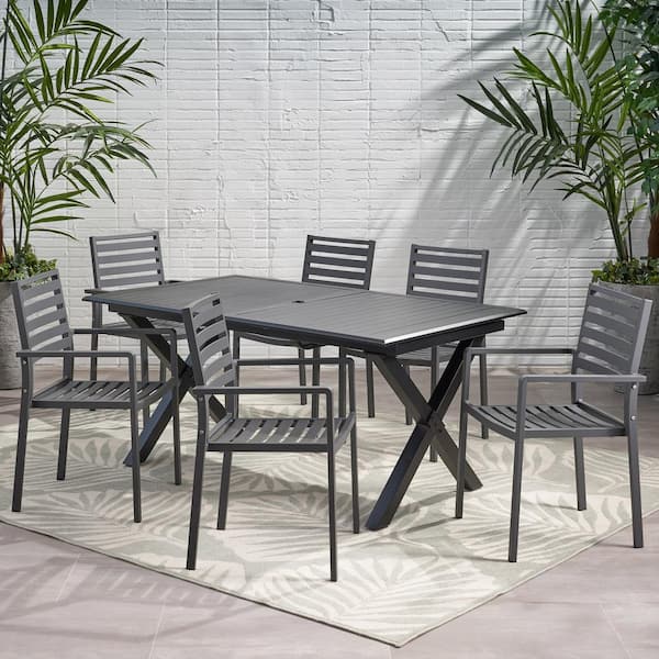 Noble House Pabara 28.75 in. Black 7-Piece Metal Rectangular Patio Outdoor Dining Set
