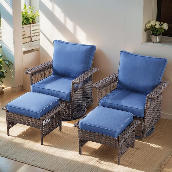 Seagull Collection 4-Piece Wicker Patio Conversation Seating Set and Ottoman with Blue Cushions