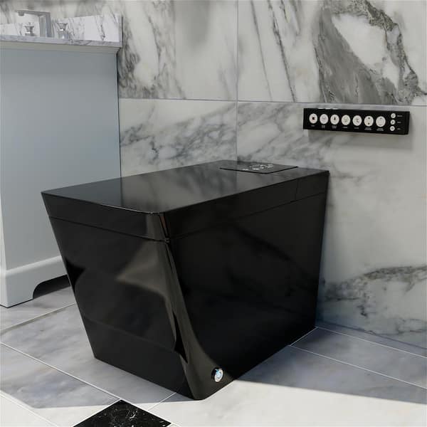 MYCASS Smart Toilet Bidet One-piece 0.8/1.2 GPF Dual Flush Square Toilet in. Glossy Black Seat with Remote Panel