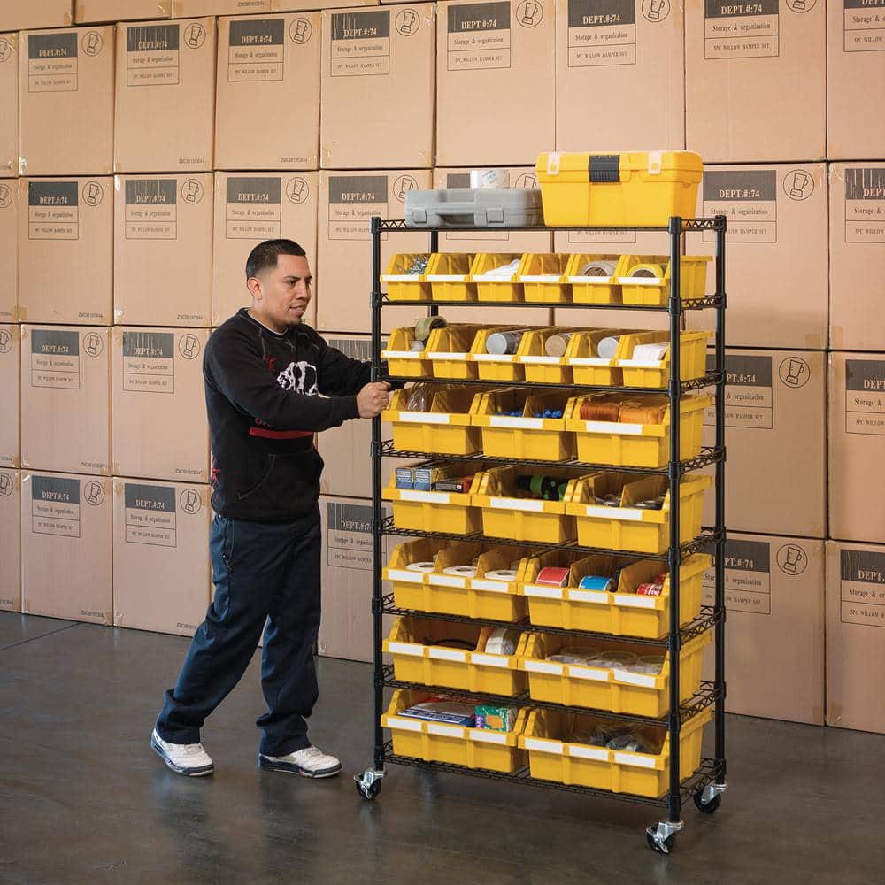 63.5" Black Steel 8-Tier Storage Rack with Yellow Bins
