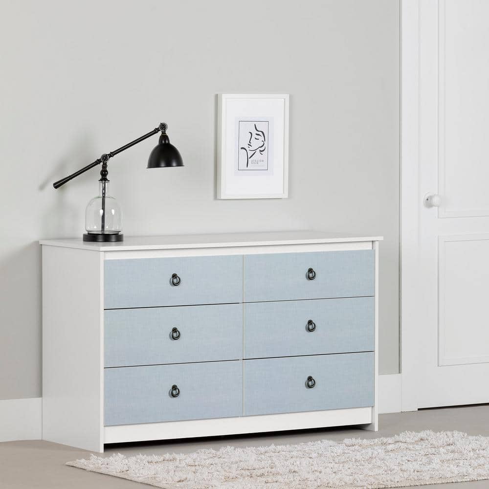White and Blue Double 6-Drawer Dresser with Metal Handles
