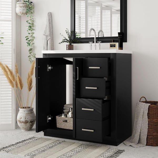 30 in. Freestanding Black Bath Vanity with White Ceramic Top, 3-Drawers and Soft Closing Doors