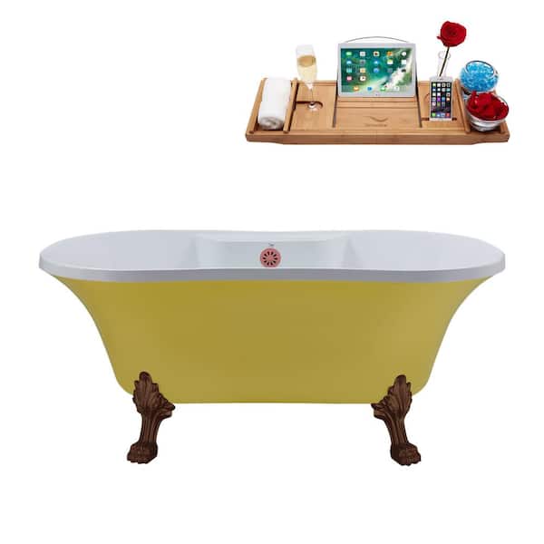 Streamline 60 in. x 32 in. Acrylic Clawfoot Soaking Bathtub in Matte Yellow with Matte Oil Rubbed Bronze Clawfeet and Pink Drain