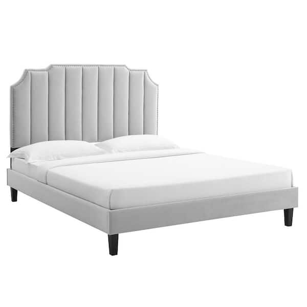 MODWAY Colette in Gray Light Gray Performance Velvet Frame Queen Platform Bed