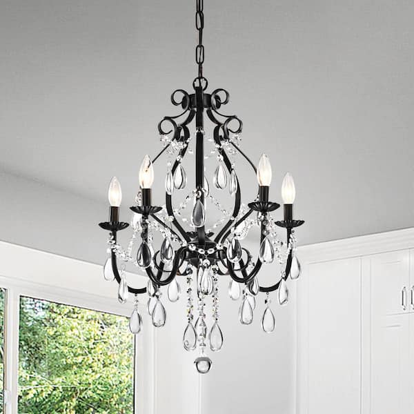 Amorette 5-Light Antique Black Candle Style Traditional Glam Chandelier  with Teardrop Hanging Crystals