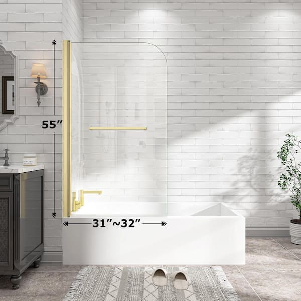 Keith 55 in. W x 32 in. H Semi Frameless Pivot Tub Door in Brushed Gold with Tempered Glass