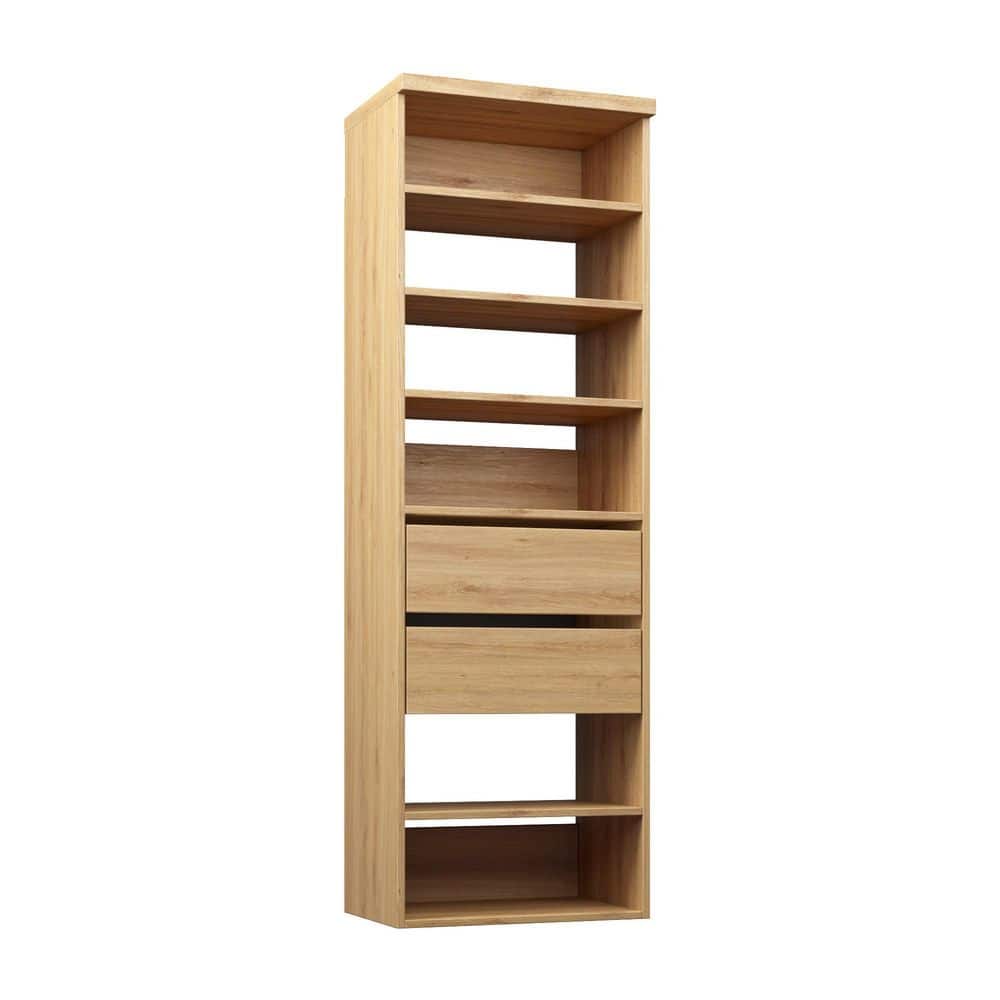 19.5 in. W Natural Oak Wall Mount Tower Unit with 6 Shelves and 2 Reveal Drawers Wood Closet System