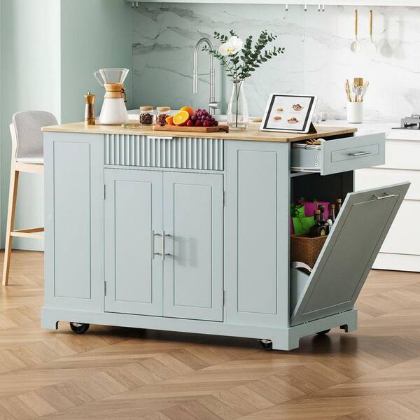 Runesay Fluted Power Outlet Gray Blue Wood 48.5 in. Rolling