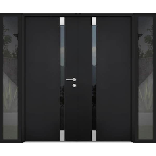 VDOMDOORS 6777 100 in. x 80 in. Right-Hand/Inswing 2 Side Tinted Glass Black Enamel Steel Prehung Front Door with Hardware