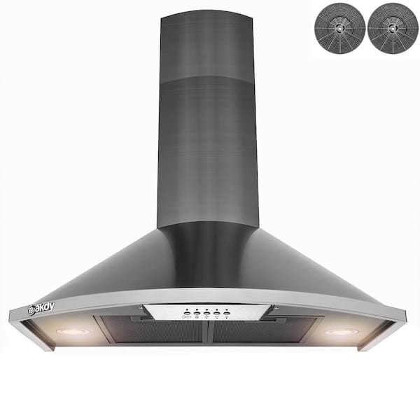 AKDY 30 in. 343 CFM Convertible Wall Mount Range Hood with Lights and Push Control in Black Stainless Steel