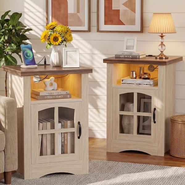 Beige LED Nightstands Set of 2 with Charging Station, Side Table with USB Ports Storage Shelf and Cabinet For Bedroom