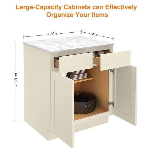 HOMEIBRO Newport Antique White Plywood Shaker Style 2-Doors 2-Drawers Base Kitchen Cabinet (30 in.W x 24 in.D x 34.5 in.H)