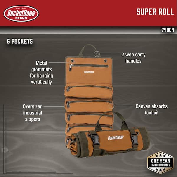 27 in. Super Tool Roll with 6 Zippered Pockets in Brown