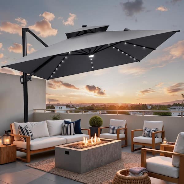 Pellebant Double Top 11 ft. x 9 ft. Rectangular 360° Rotation Solar LED Lighted Cantilever Patio Umbrella in Gray