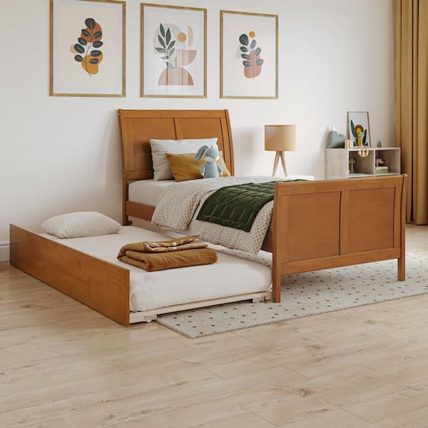 Portland Light Toffee Natural Bronze Solid Wood Frame Twin Platform Bed with Matching Footboard and Twin Trundle